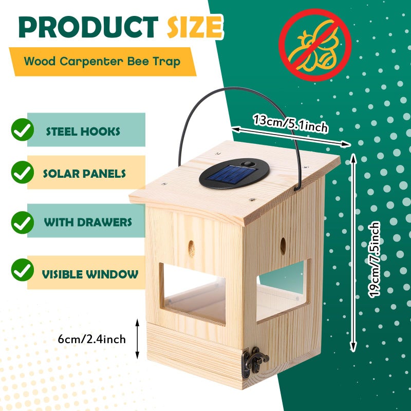 Qualirey 2 Pcs Outdoor Wood Carpenter Bee Traps, Push-Pull Drawer, Transparent PVC Panels, Pent Roof Style, Hanging Design with Solar Light, for Orchard Garden Wood House Artificial Forest - Image 2